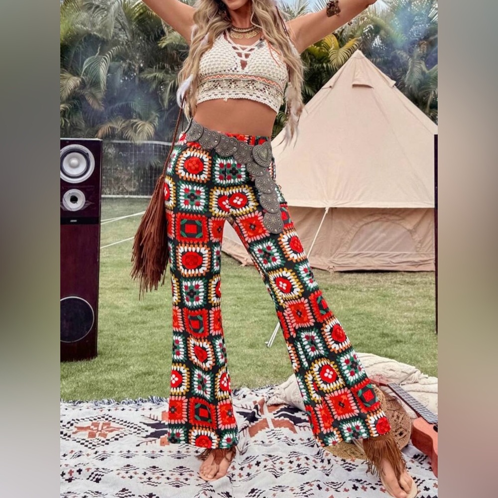 FUN Granny Square PRINT Flare Leggings Pants